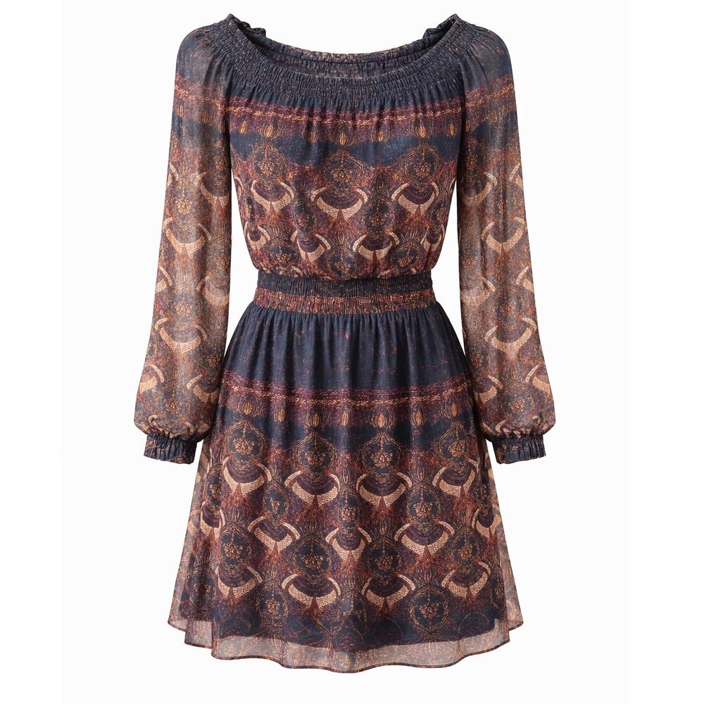 Abercrombie Dress Peasant Off Shoulder Paisley Teal Rust XS Smocked